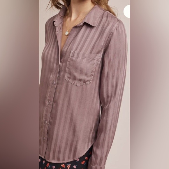 Cloth & Stone Anthropologie Mauve Grace Sateen Stripe Button Down Top Sz Medium - Picture 1 of 11